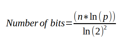 bits = (n * ln(p)) / ((ln(2)^2)